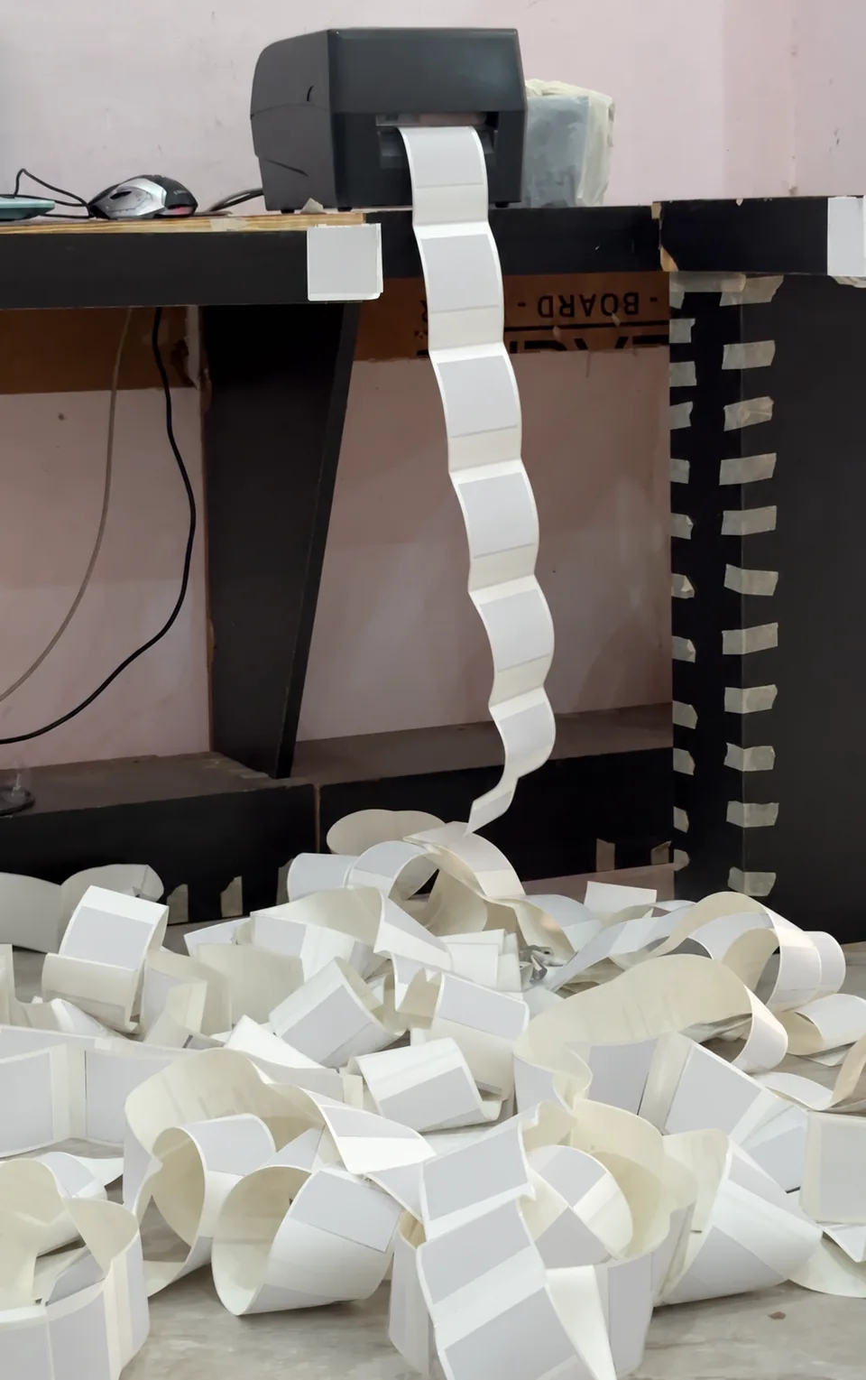 A shipping-label printer and printed dispatch slips, with customer details and codes concealed.